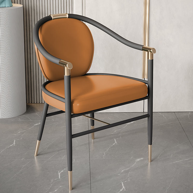 Light Luxury Modern Armchair Black Metal Frame Gold Accents & Leather Cushion