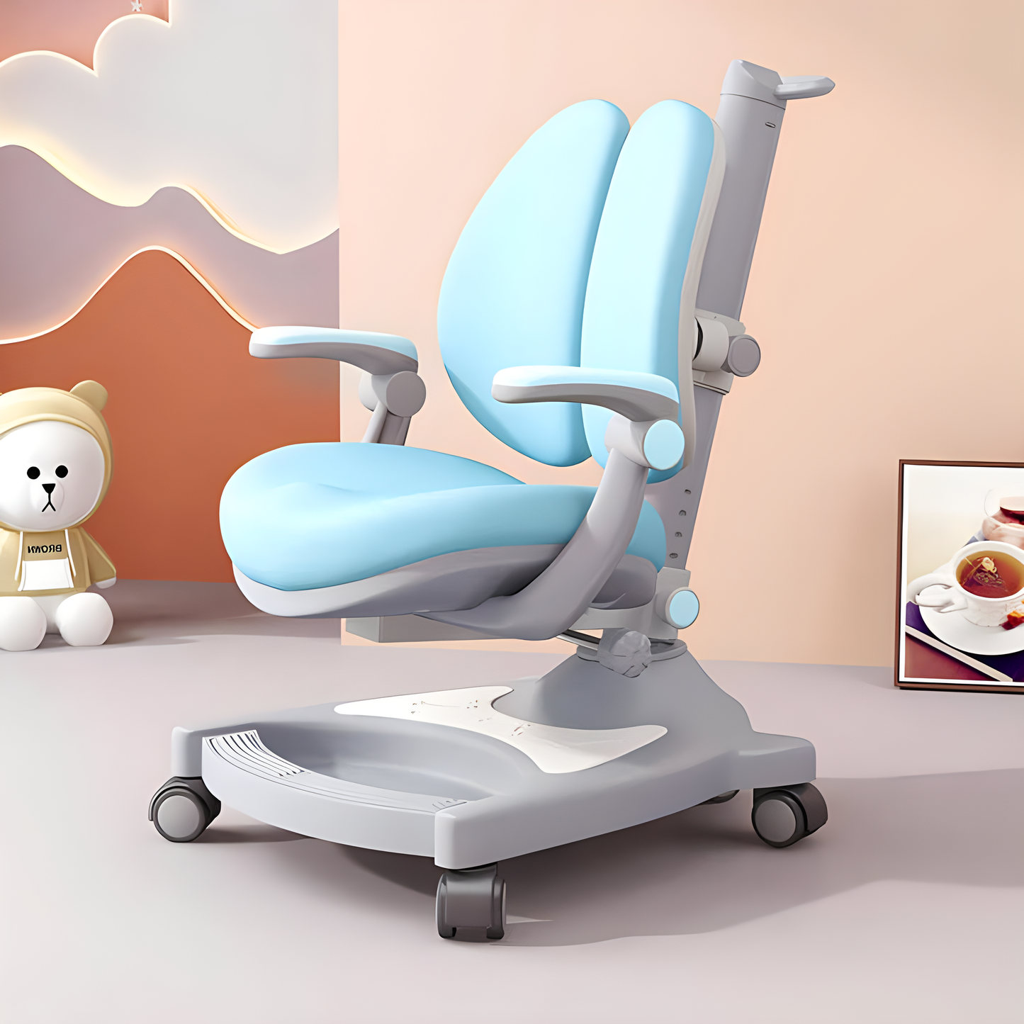 Adjustable Kids Study Chair Ergonomic Children Desk Chair with Double Backrest Footrest and Caster Wheels for Boys Girls Teens Home School Use