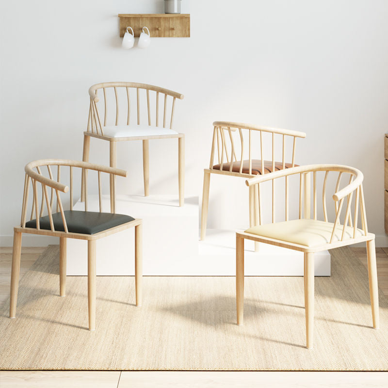Nordic Slatted-Back Dining Chair Light Wood Frame Curved Armrest & Leather Cushion