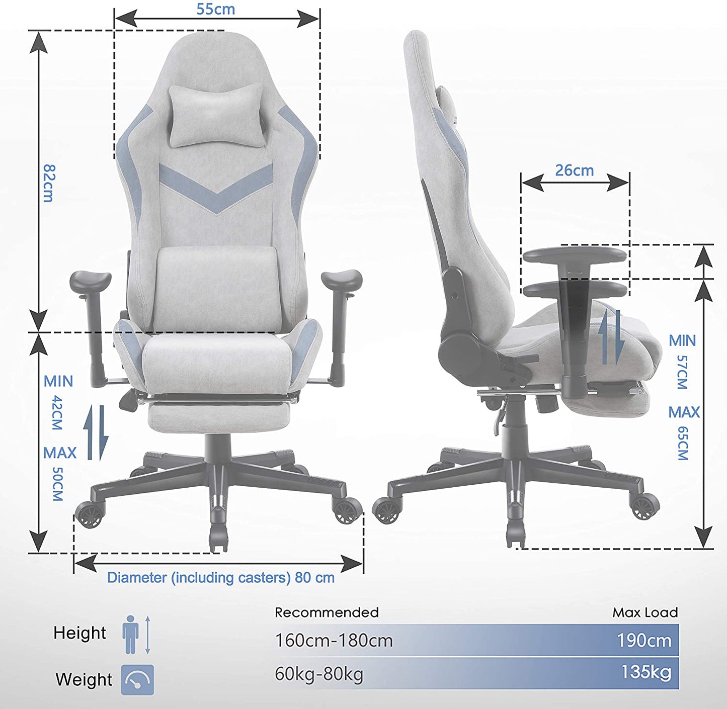 Dowinx Ergonomic Fabric Gaming Chair High Back Racing Style Computer Chair with Massage Lumbar Pillow 170° Reclining Retractable Footrest