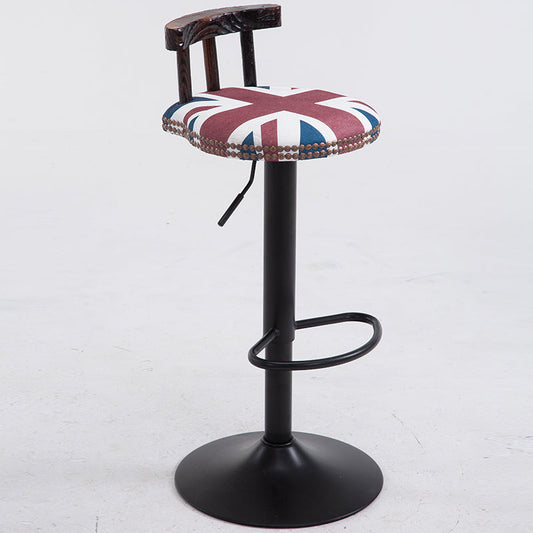 Retro Wooden-Leg Bar Stool Rivet-Decorated Backrest Hemp Footrest for Vintage/American-Style Spaces