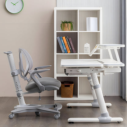 Adjustable Height Kids Study Desk and Chair Set Ergonomic Children Writing Desk with Tilt Desktop Drawer Bookshelf and High Back Mesh Chair for Boys Girls Teens Home School Use