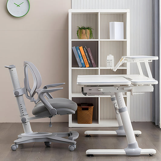 Adjustable Height Kids Study Desk and Chair Set Ergonomic Children Writing Desk with Tilt Desktop Drawer Bookshelf and High Back Mesh Chair for Boys Girls Teens Home School Use