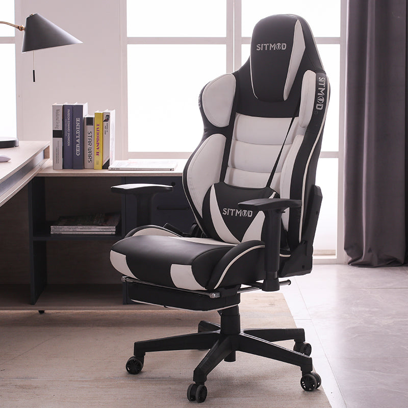 Ergonomic Gaming Chair High Back PU Leather Racing Style Computer Chair with Footrest Adjustable Headrest Lumbar Pillow 180° Reclining Swivel Office Chair