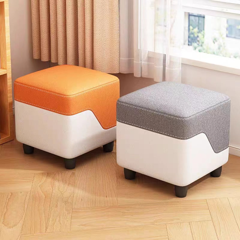 Compact Multi-Use Stool Color-Block Tech Fabric Solid Wood Frame Versatile for Living Room Entryway & Foot Rest