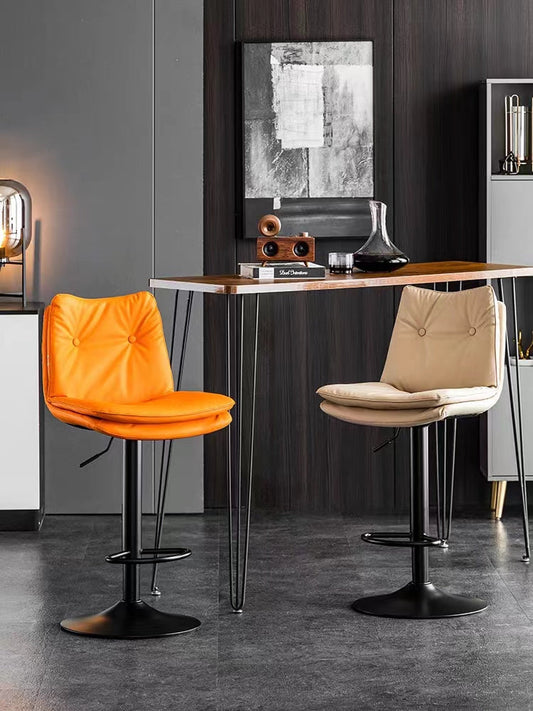 Adjustable Height Bar Stool Button-Tufted Upholstery Matte Black Lift Pole & Disc Base