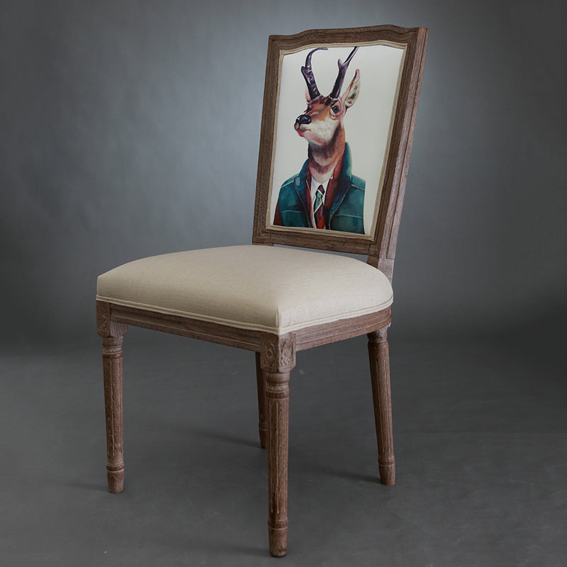 Vintage Wooden Chair with Deer Illustration Upholstered Seat for Dining/Living Room
