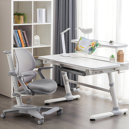 Adjustable Height Kids Study Desk and Chair Set Ergonomic Children Writing Desk with Tilt Desktop Drawer Bookshelf and High Back Mesh Chair for Boys Girls Teens Home School Use