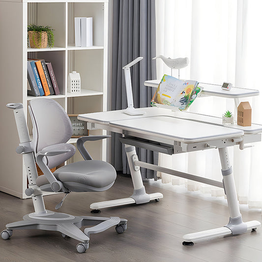 Adjustable Height Kids Study Desk and Chair Set Ergonomic Children Writing Desk with Tilt Desktop Drawer Bookshelf and High Back Mesh Chair for Boys Girls Teens Home School Use