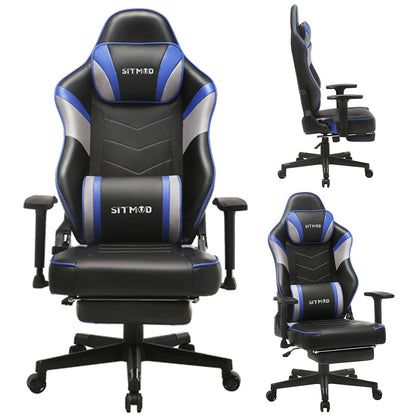 Black Leather Gaming Chair Lumbar Pillow, Footrest Adjustable Arms Sturdy Base Ergonomic Support for Gaming & Office Work Sessions