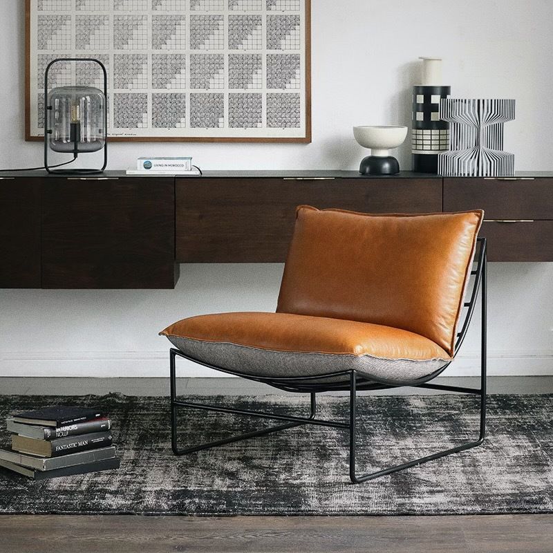 Modern Metal-Frame Armchair Leather & Houndstooth Fabric Contrast Details for Sleek Contemporary Spaces