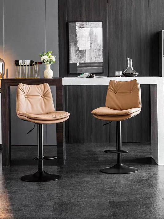 Adjustable Height Bar Stool Button-Tufted Upholstery Matte Black Lift Pole & Disc Base