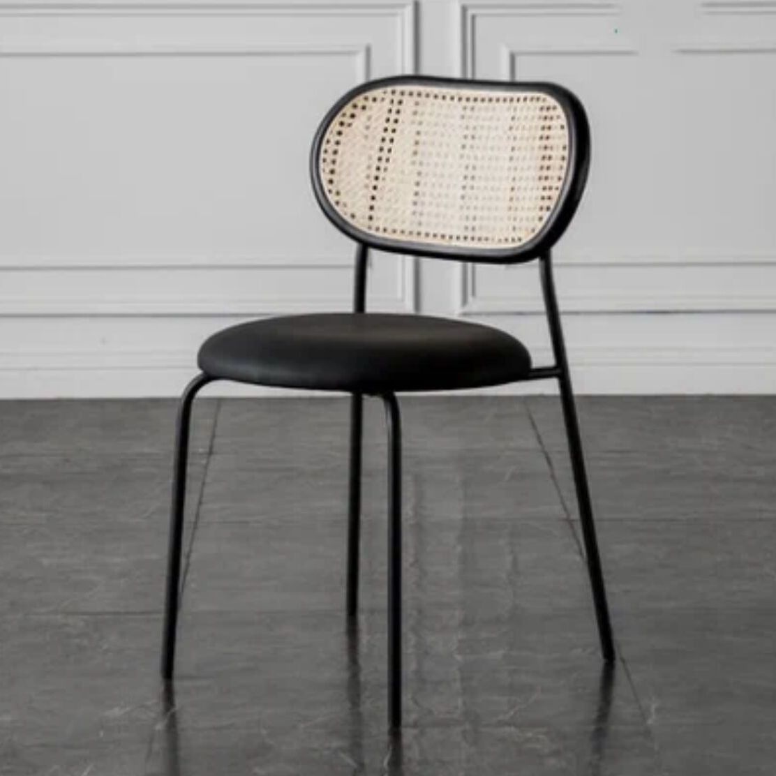 Retro Breathable Dining Chair Rattan Back, Metal Legs & Leather Cushion