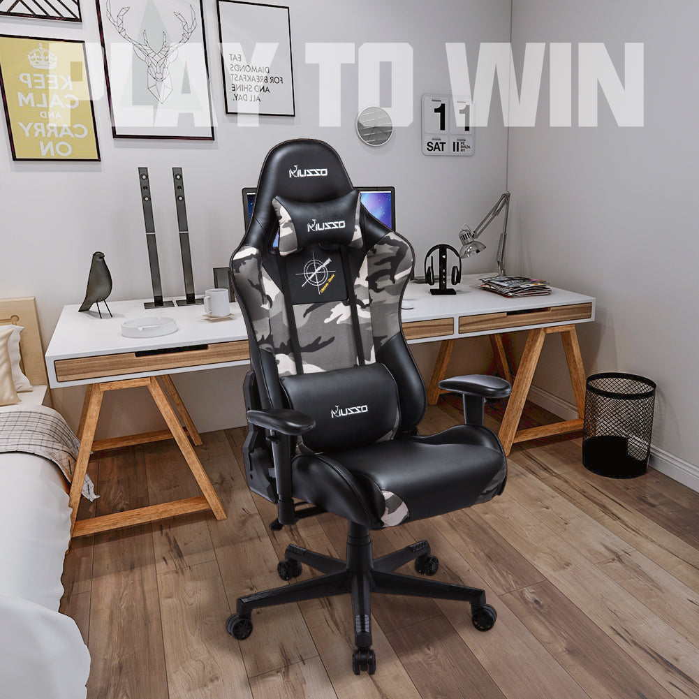 Camouflage Ergonomic Gaming Chair High Back PU Leather Racing Style Computer Chair with Adjustable Headrest Lumbar Pillow 170° Reclining Swivel Office Chair