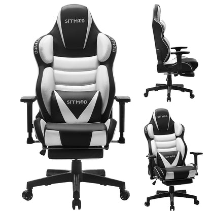 Ergonomic Gaming Chair High Back PU Leather Racing Style Computer Chair with Footrest Adjustable Headrest Lumbar Pillow 180° Reclining Swivel Office Chair