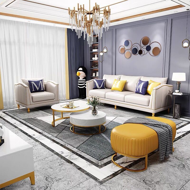 Luxury White Leather 3-Seater Sofa Gold Rivet Trim Golden Legs Modern Elegant Design for Stylish Cozy Living Room Lounging Spaces