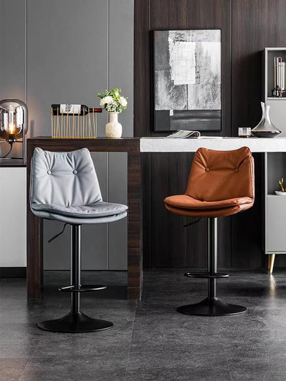 Adjustable Height Bar Stool Button-Tufted Upholstery Matte Black Lift Pole & Disc Base
