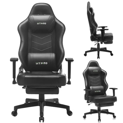 Black Leather Gaming Chair Lumbar Pillow, Footrest Adjustable Arms Sturdy Base Ergonomic Support for Gaming & Office Work Sessions