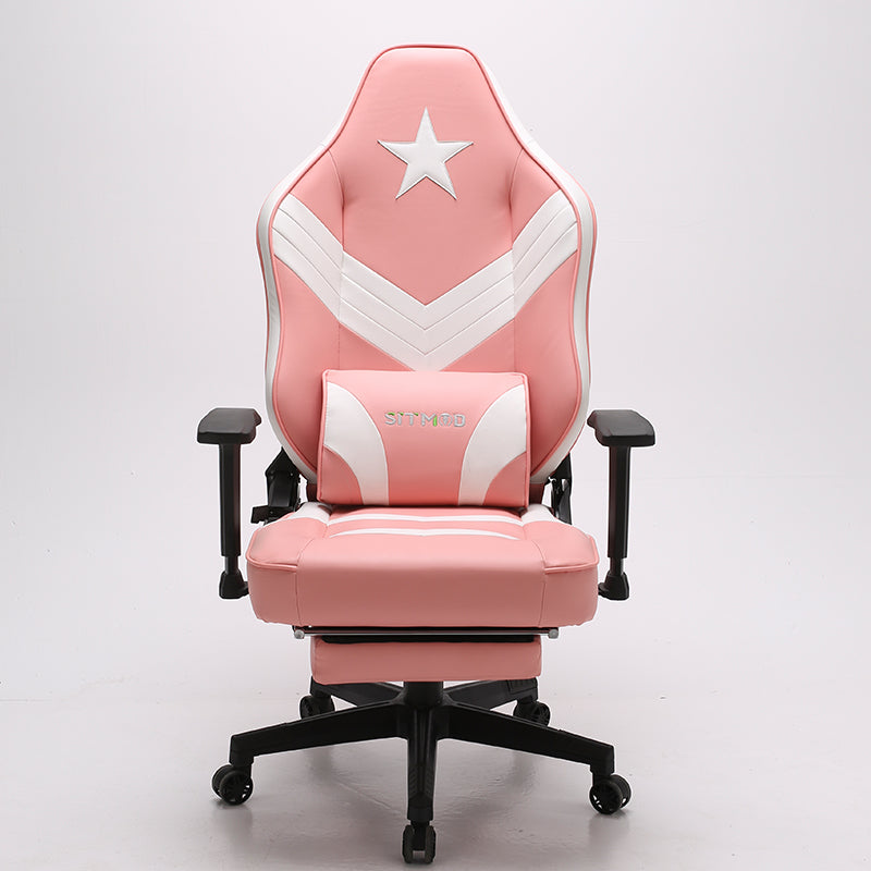 Captain America Style Ergonomic Gaming Chair High Back PU Leather Racing Chair with Footrest Adjustable Headrest Lumbar Pillow 180° Reclining Swivel Office Chair
