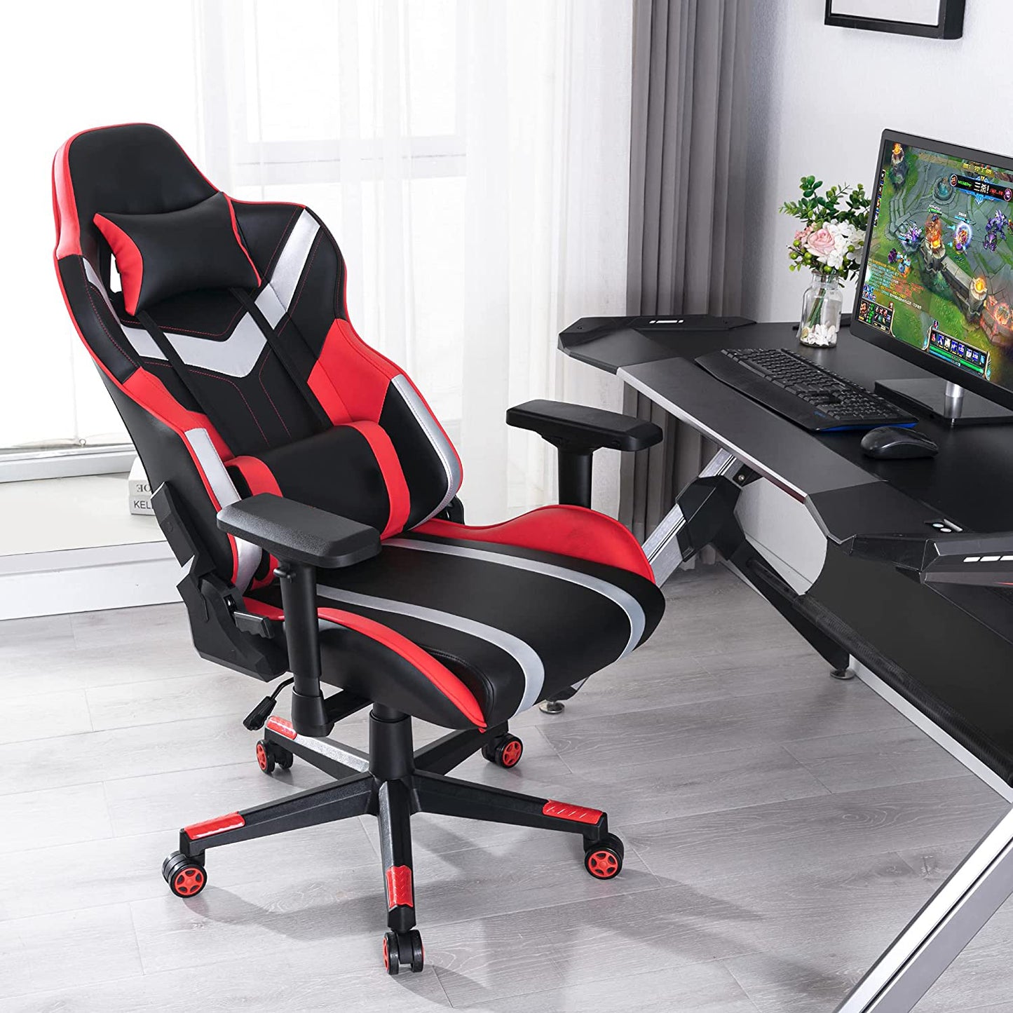 Ergonomic Gaming Chair High Back PU Leather Racing Style Computer Chair with Adjustable Headrest Lumbar Pillow 160° Reclining 4D Armrest Swivel Office Chair