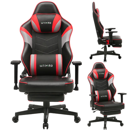 Black Leather Gaming Chair Lumbar Pillow, Footrest Adjustable Arms Sturdy Base Ergonomic Support for Gaming & Office Work Sessions