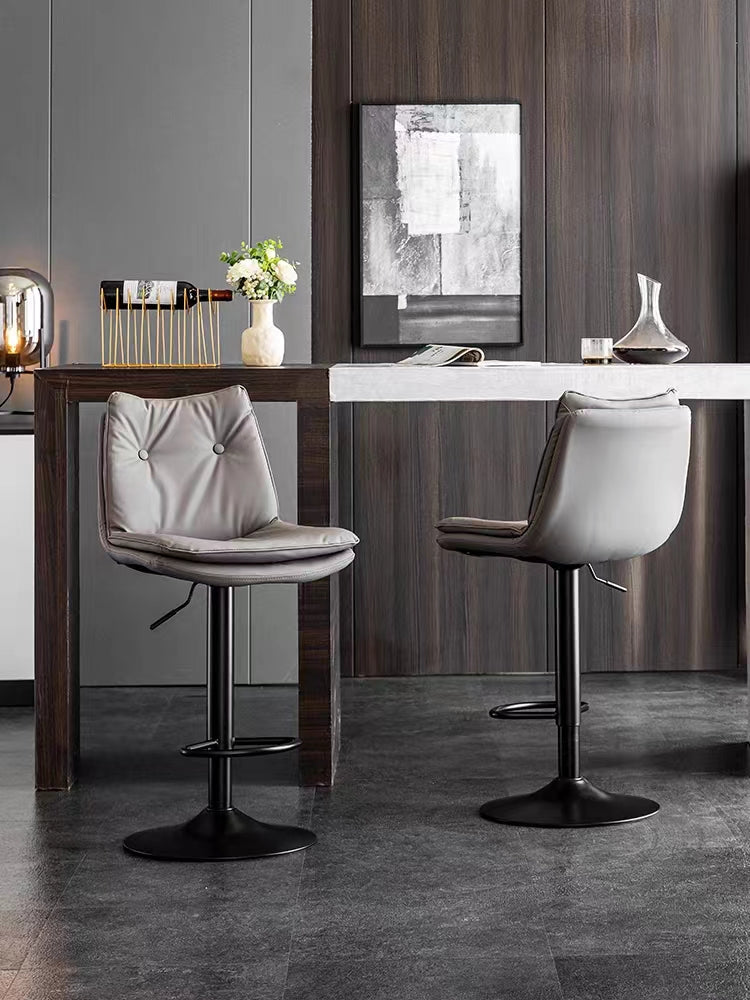 Adjustable Height Bar Stool Button-Tufted Upholstery Matte Black Lift Pole & Disc Base