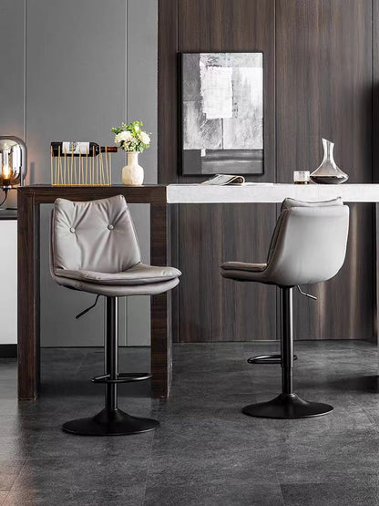 Adjustable Height Bar Stool Button-Tufted Upholstery Matte Black Lift Pole & Disc Base