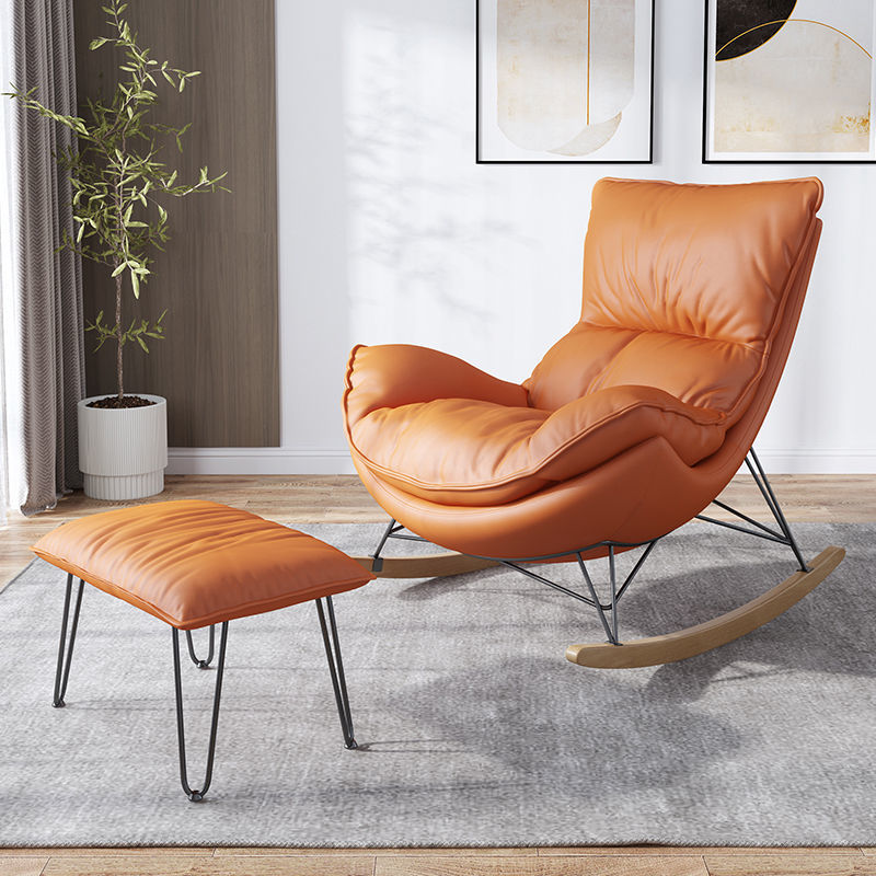 Plush Rocking Armchair Leather Upholstery Wood Rockers & Matching Ottoman for Cozy Lounge Spaces