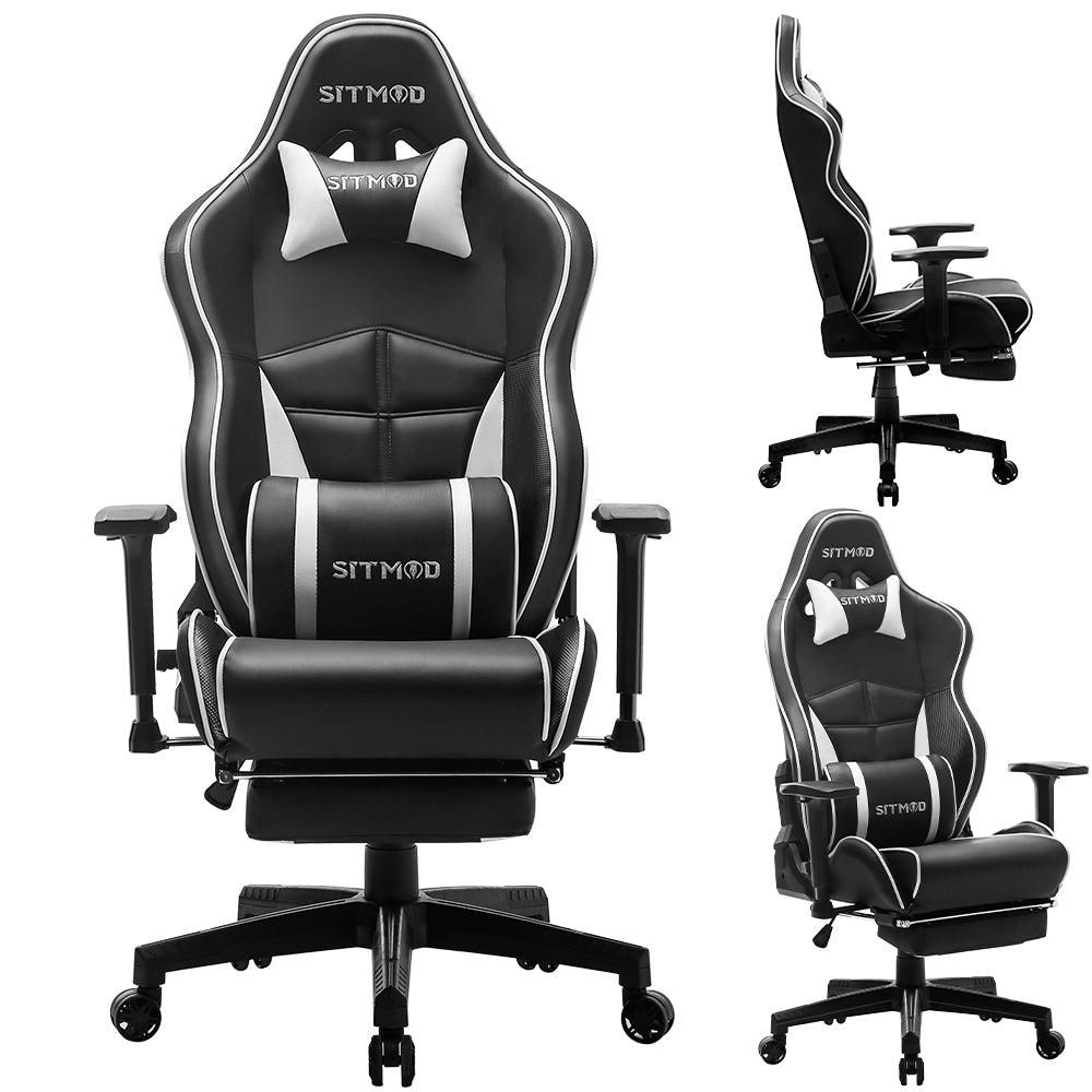 Ergonomic Gaming Chair 400 LBS High Back PU Leather Racing Style Computer Chair with Footrest Adjustable Headrest Lumbar Pillow 180° Reclining Swivel Office Chair