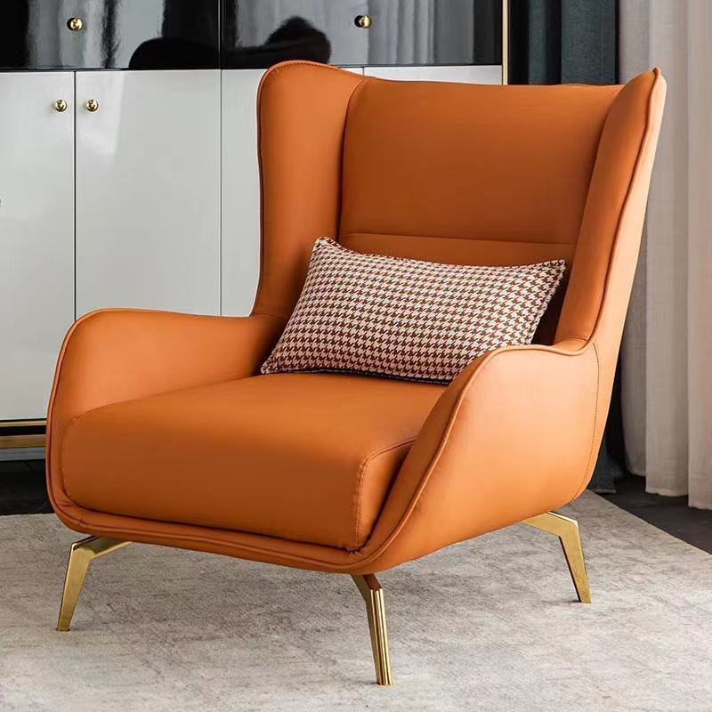 Modern Wingback Armchair Leather/Houndstooth Metal Legs & Optional Ottoman for Luxe Lounges
