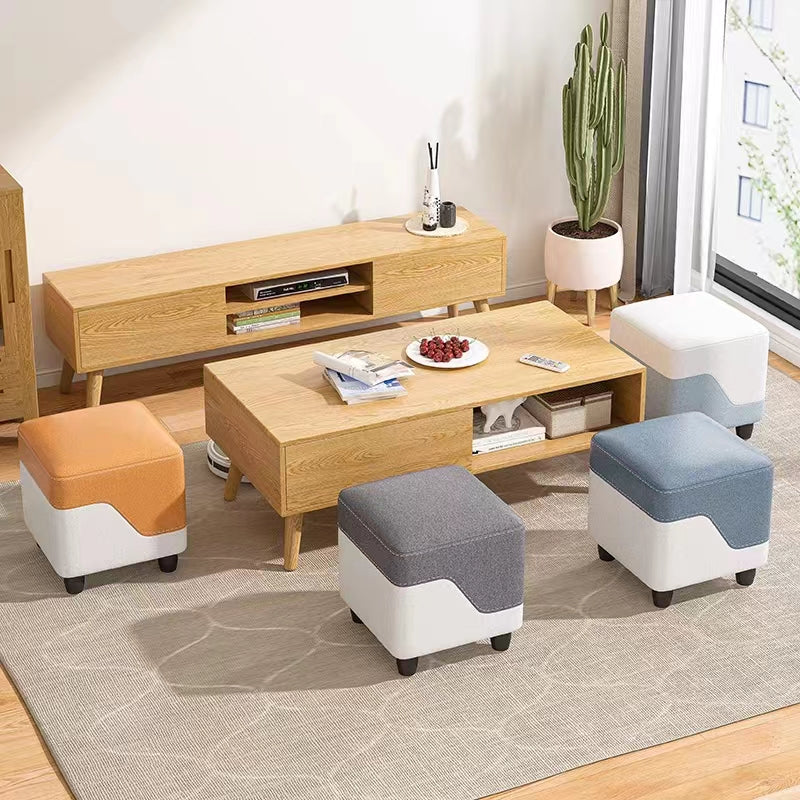 Compact Multi-Use Stool Color-Block Tech Fabric Solid Wood Frame Versatile for Living Room Entryway & Foot Rest