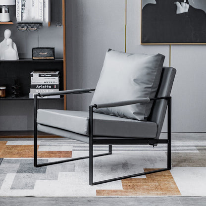 Contemporary Leather Armchair Black Metal Frame Plush Cushions & Pairing Sets for Modern Lounges