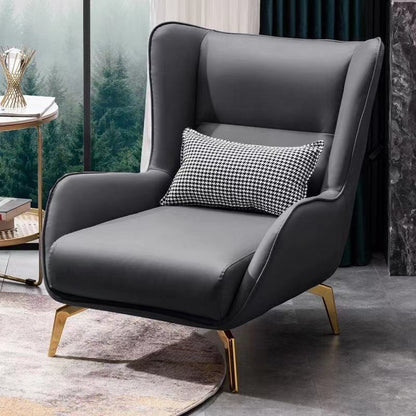 Modern Wingback Armchair Leather/Houndstooth Metal Legs & Optional Ottoman for Luxe Lounges