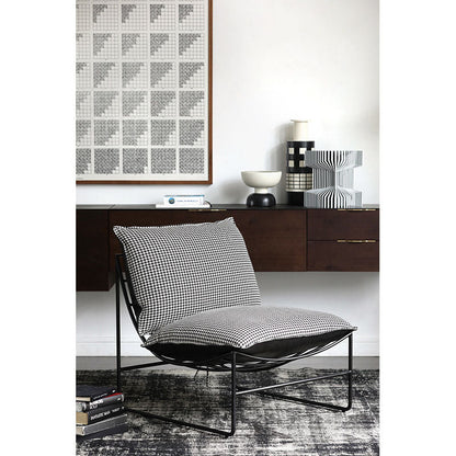 Modern Metal-Frame Armchair Leather & Houndstooth Fabric Contrast Details for Sleek Contemporary Spaces