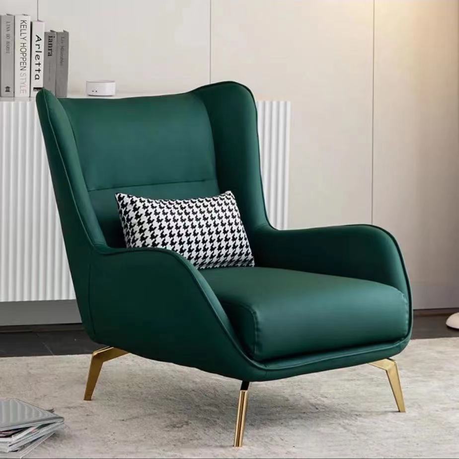 Modern Wingback Armchair Leather/Houndstooth Metal Legs & Optional Ottoman for Luxe Lounges