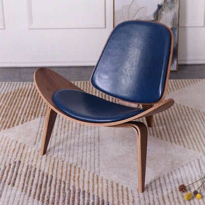 Modern Wooden Lounge Chair with Blue Leather - Sculptural Design for Living Room