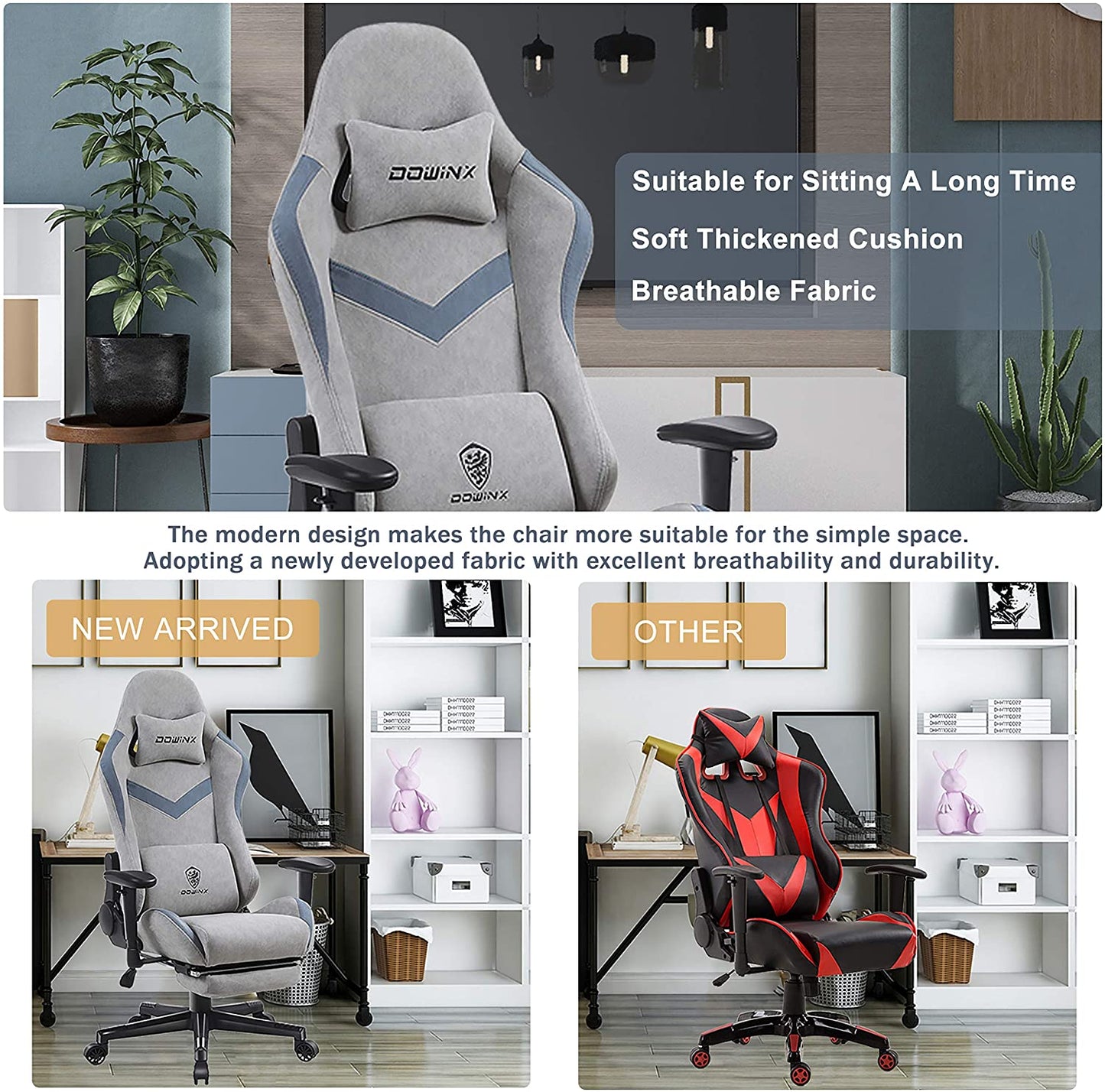 Dowinx Ergonomic Fabric Gaming Chair High Back Racing Style Computer Chair with Massage Lumbar Pillow 170° Reclining Retractable Footrest