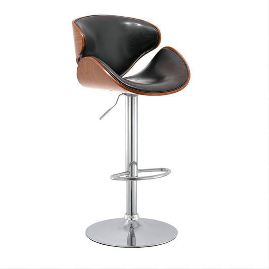 Adjustable Height Bar Stool Organic Bentwood Backrest Streamlined Leather Cushion & Dual-Option Metal Base
