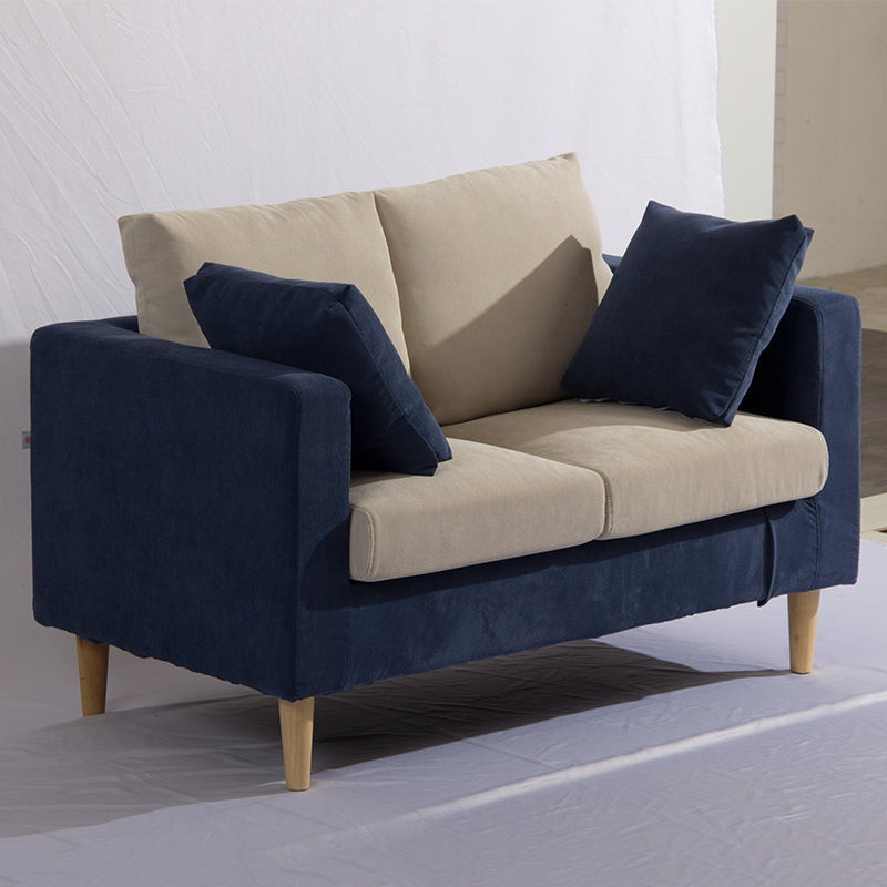 Modern Navy & Beige Fabric Loveseat Two Seater Sofa with Wooden Legs