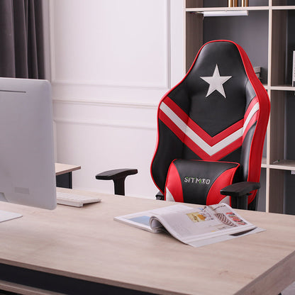 Red-Black-White Gaming Chair with Star Accent Lumbar Pillow Footrest Adjustable Arms Ergonomic Support for Gaming & Office Work Sessions