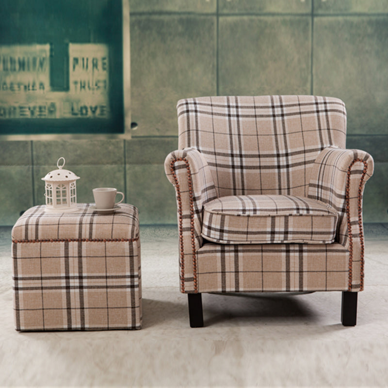 Chic Plaid Wingback Armchair & Ottoman Set Beige Brown Check Fabric Rivet Trim for Stylish Cozy Living Room Reading Nooks