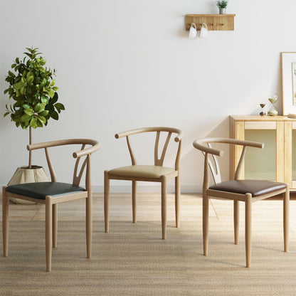 Nordic Classic Solid Wood Dining Chair Curved Armrest Multi-Wood Tones & Leather Cushion