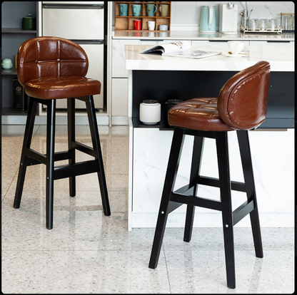 Bar Chair Bar Stool with Tufted Backrest and Cushion PU Leather Upholstered Solid Wood Legs Fixed Height Counter Bar Stool for Home Bar Kitchen Island Pub Living Room Home Decor