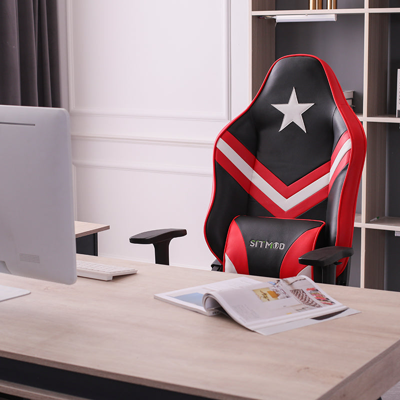Captain America Style Ergonomic Gaming Chair High Back PU Leather Racing Chair with Footrest Adjustable Headrest Lumbar Pillow 180° Reclining Swivel Office Chair