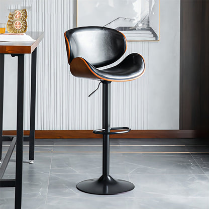 Adjustable Height Bar Stool Organic Bentwood Backrest Streamlined Leather Cushion & Dual-Option Metal Base