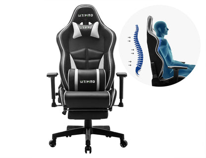 Black-White Ergonomic Gaming Chair Headrest, Lumbar Pillow Spine Support Adjustable Sturdy Base for Comfortable Gaming & Office Work Sessions