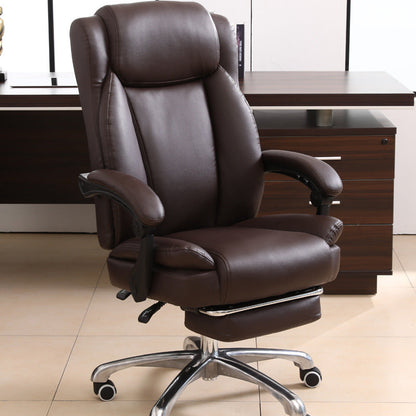 Luxury Brown Leather High-Back Office Chair Footrest, Ergonomic Support Chrome Casters – Plush Executive Seating for Workspaces & Home Offices