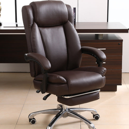 Luxury Brown Leather High-Back Office Chair Footrest, Ergonomic Support Chrome Casters – Plush Executive Seating for Workspaces & Home Offices