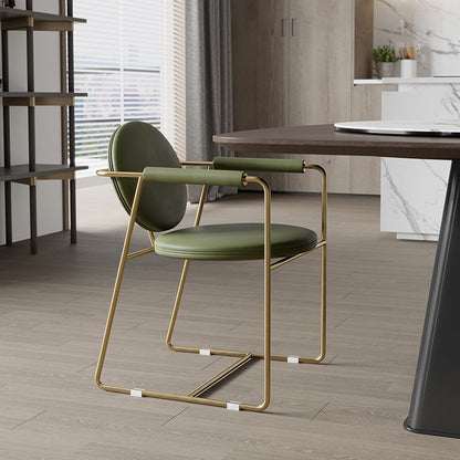 Modern Multi-Functional Armchair Gold Metal Frame, Olive Green Leather Cushion & Curved Design