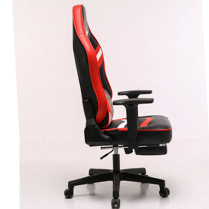 Red-Black-White Gaming Chair with Star Accent Lumbar Pillow Footrest Adjustable Arms Ergonomic Support for Gaming & Office Work Sessions